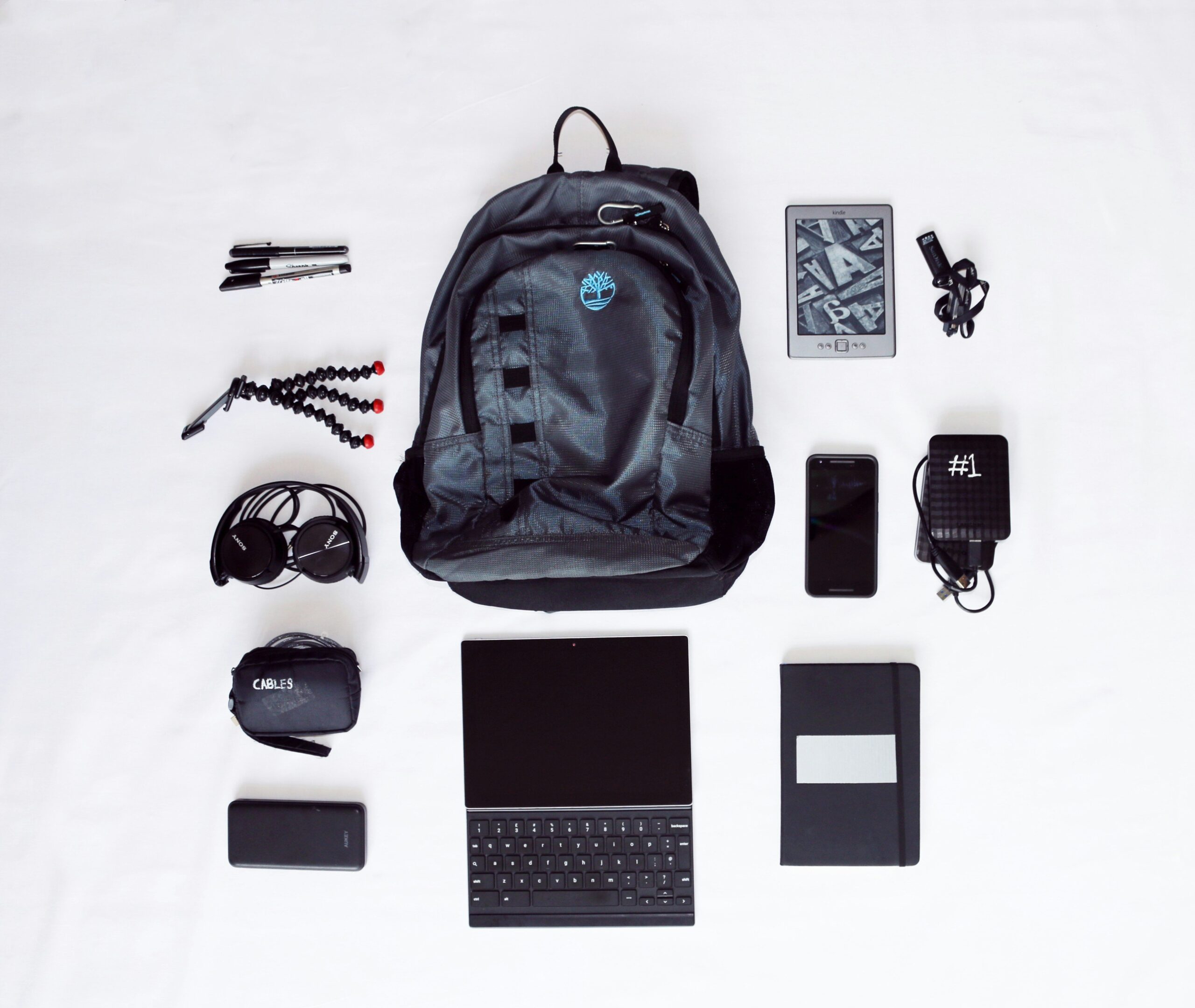 Influencer posing confidently with minimalist travel setup
